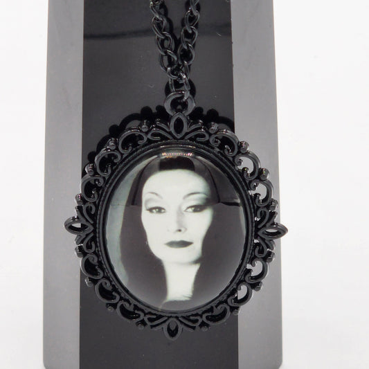 Black Morticia Addams Necklace Close Up